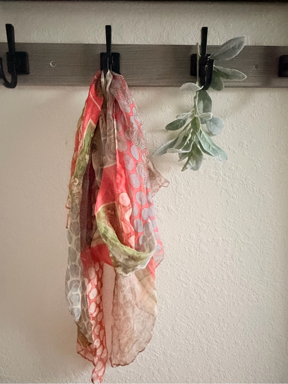 Lightweight Boho Shawl • Coral Green & Gray Print Scarf •Oversized Wrap
